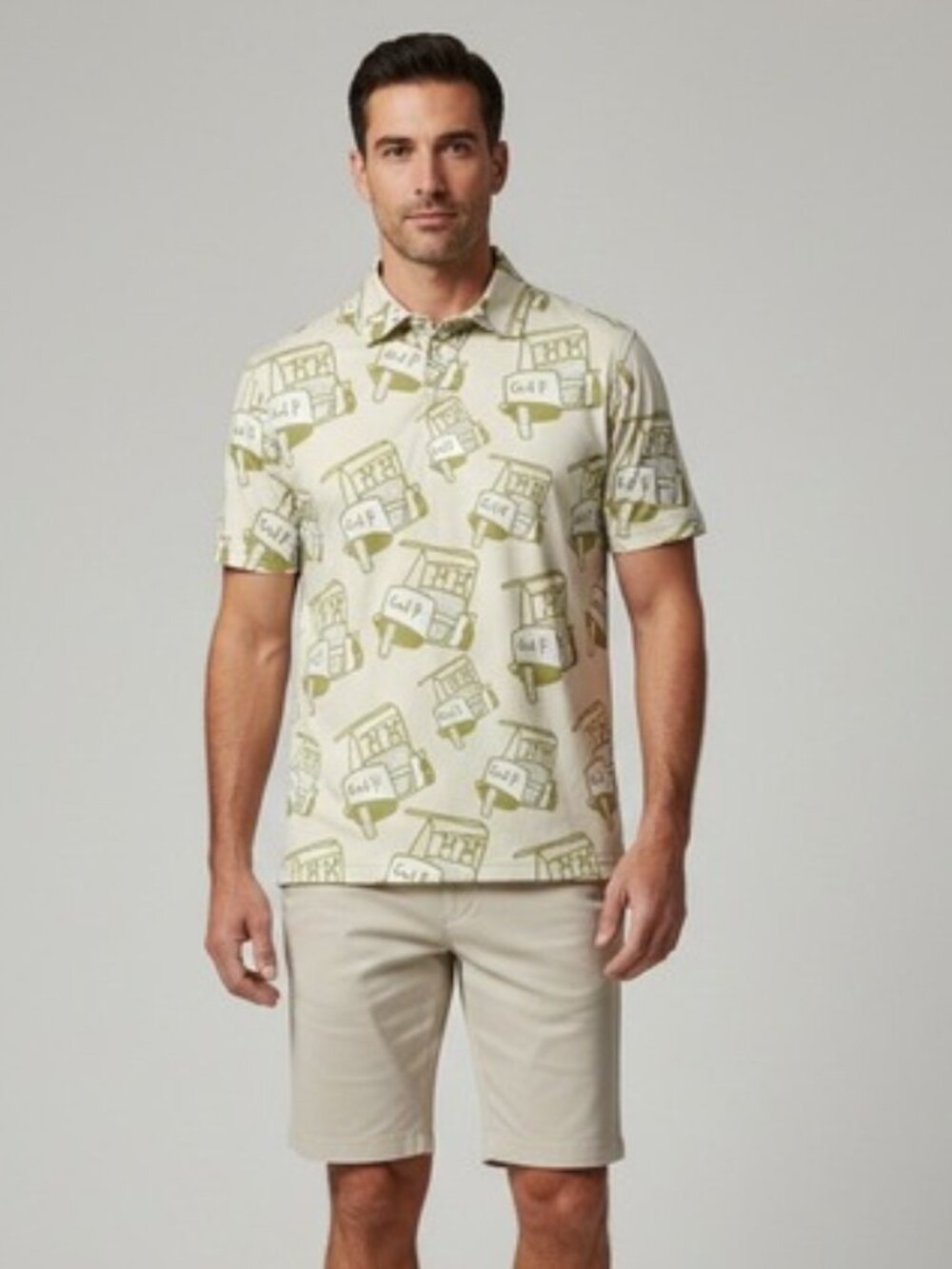 SOSIK Men’s Size Large Shirt Polo Golf Novelty Casual Stretch Yellow Golf Carts